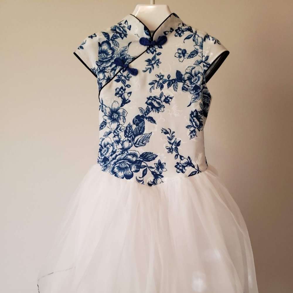 Floral Royal Blue and White Dress